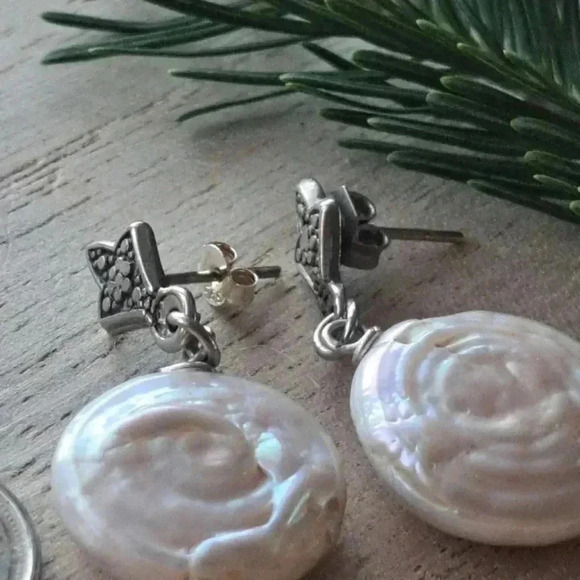 925 sterling silver and baroque coin pearl earrings - Picture 4 of 4
